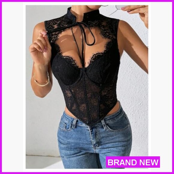 Floral Lace Corset Top Cut Out Crop Bustier Sexy Y2K Party Night Club - Picture 4 of 5